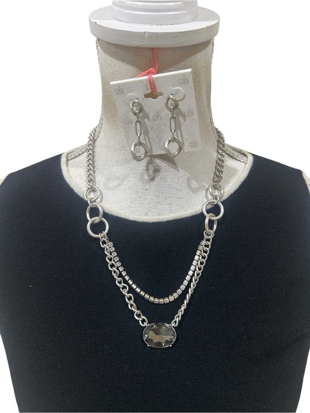 NWT CAbi Silver-Tone Layered Chain Necklace Faceted Pendant & Matching Earrings